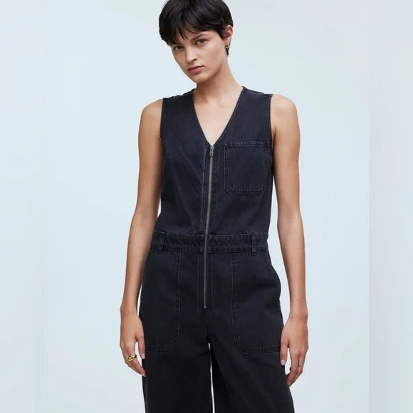 NWT Madewell Denim Zip-Front Sleeveless Jumpsuit in Tarrybrook Wash - 6 - Black - Picture 2 of 12